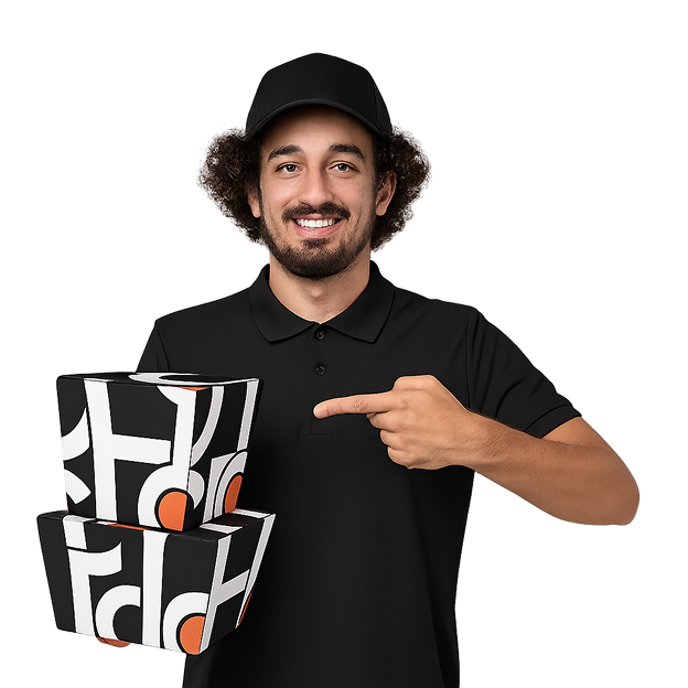 Dlicio courier holding two stacked buy-one-get-one meal boxes in Waterloo